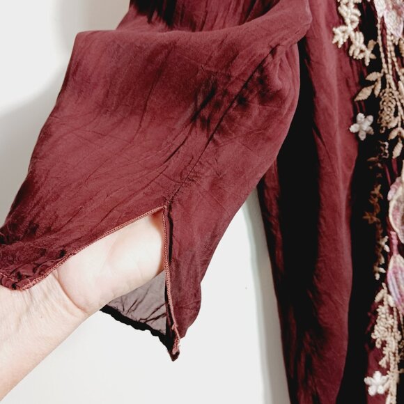 Johnny Was, Burgundy Brown Embroidered Boho Chic Top, Lt. Wt., Semi-Sheer, Small - Picture 9 of 16